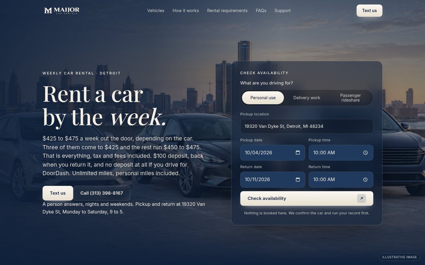 The MAIJOR Car Rentals home page: rent a car by the week in Detroit, with a check availability form