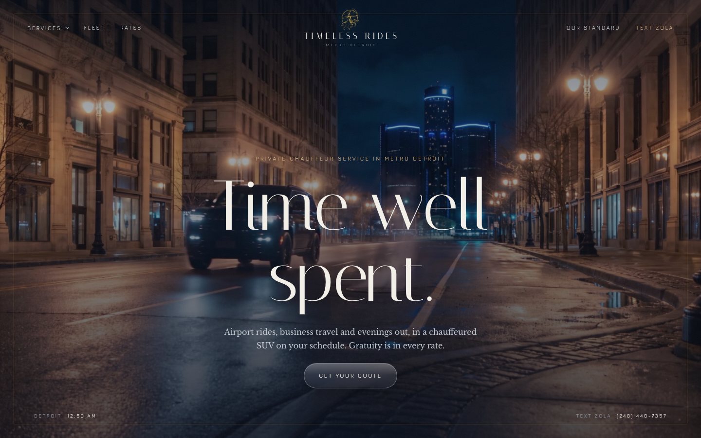 The Timeless Rides website: Time well spent, over the Black SUV on a downtown Detroit street at night